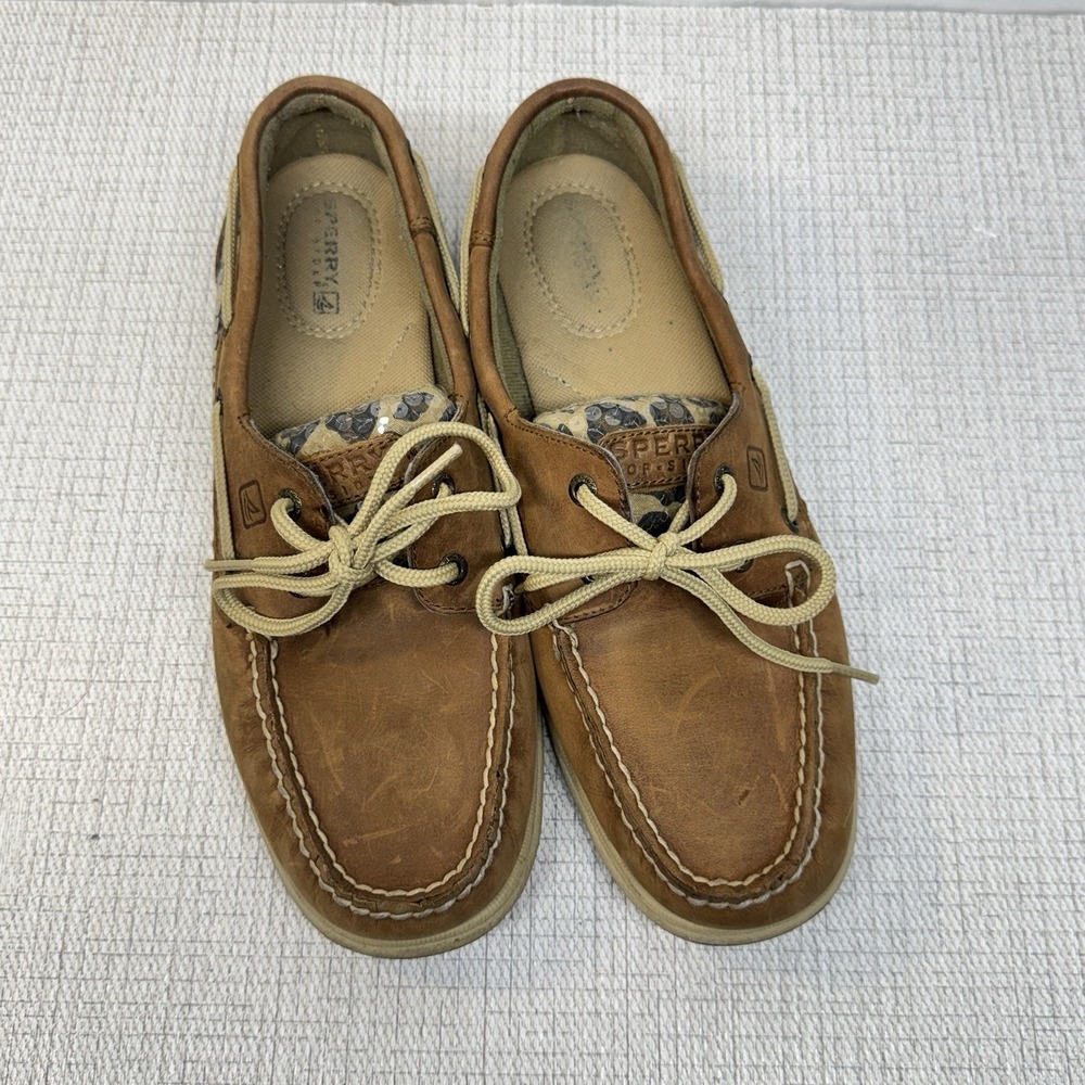 Sperry Boat Shoes Womens 8 Tan Leather Leopard Sequin Nautical Preppy 9773136